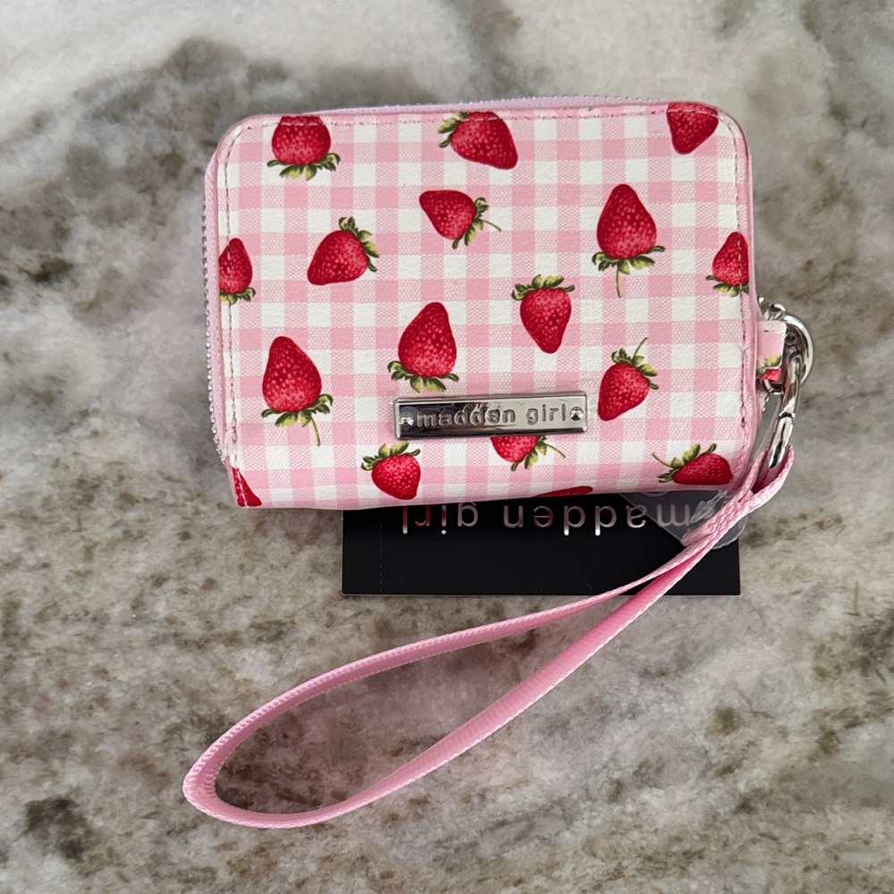 Madden Girl Pink Gingham Strawberry Wristlet Wallet